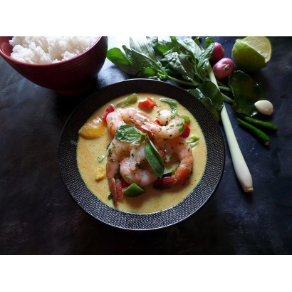 Crevettes au curry vert riz blanc